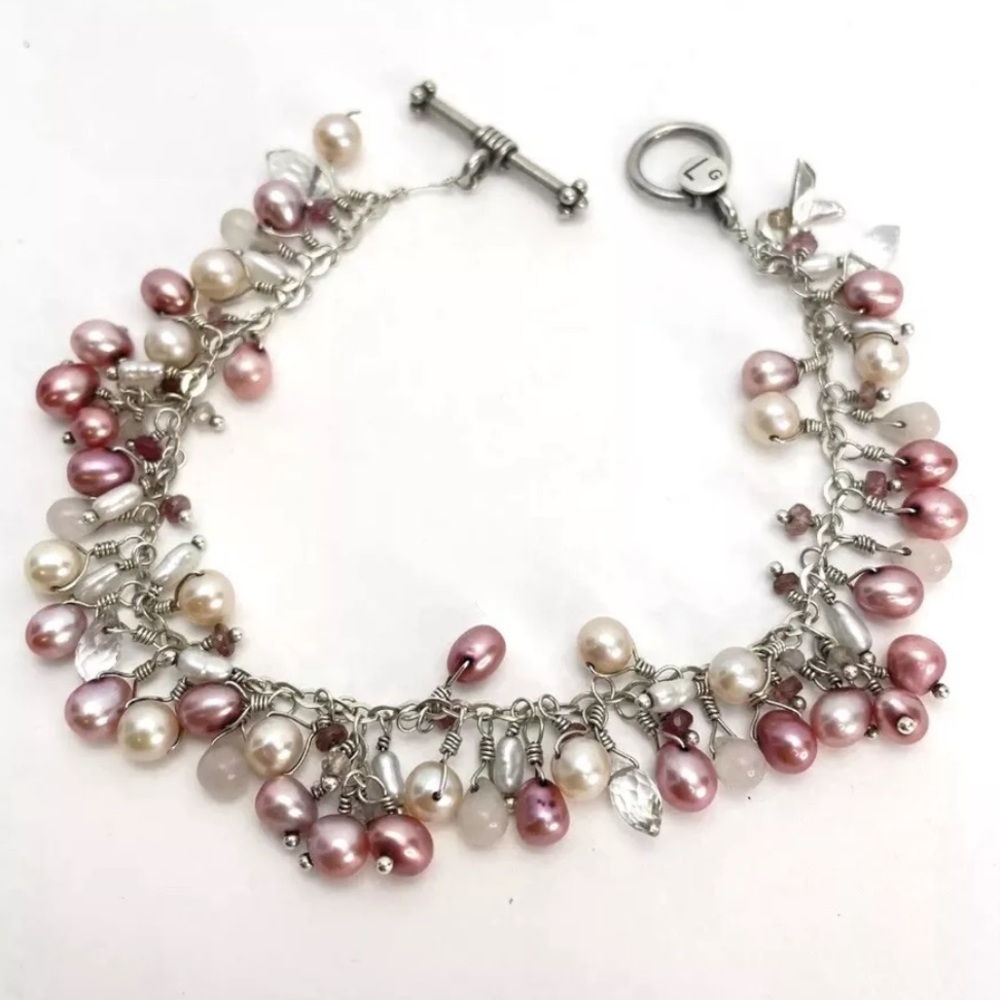Sterling Silver & Pearls 7.5" Bracelet Laura Gibson Breast Cancer Awareness - Picture 4 of 7
